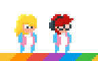 Animated gif - Two transgender persons running on a rainbow